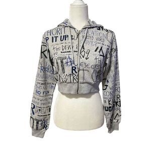 MOSCHINO COUTURE New w Tags Small Womens Gray Wordy Crop Zip Hoodie Sweatshirt B